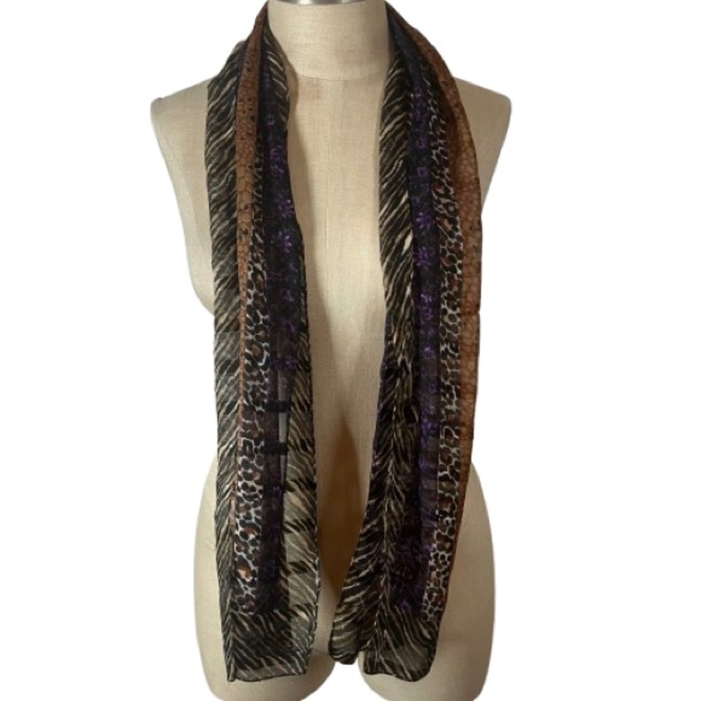 Y2K style Lightweight Sheer Animal Print Scarf in Brown, purple and Black